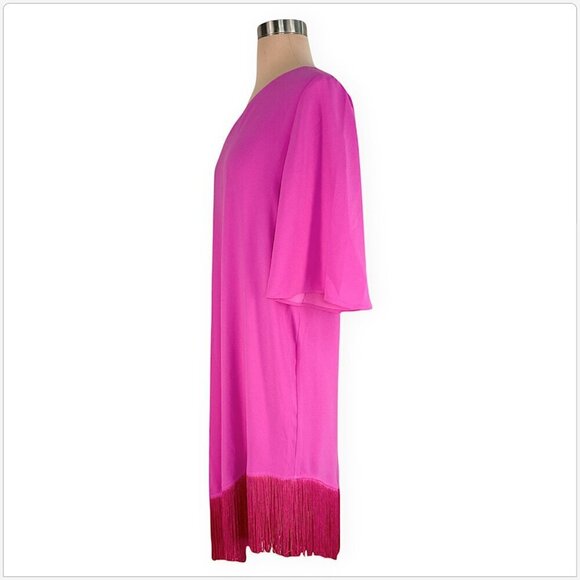 Trina Turk Bright Pink Gull Asymmetric One Shoulder Fringed Hem Dress NWT New M - Picture 4 of 6